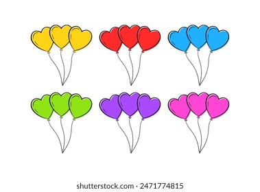 Balloons Set Icons. Heart-shaped balls icons. Tied Together Balls Icons. Flat style. Vector icons.