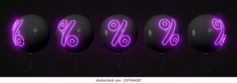 Globos de diseño 3d realista. Balones negros elegantes con descuentos porcentuales en el símbolo de neón aislados en el fondo oscuro. Ilustración del vector