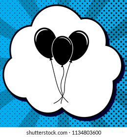 Balloons set sign. Vector. Black icon in bubble on blue pop-art background with rays.