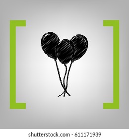 Balloons set sign. Vector. Black scribble icon in citron brackets on grayish background.