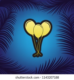 Balloons set sign. Vector. Golden icon with black contour at blue background with branches of palm trees.