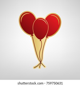 Balloons set sign. Vector. Red icon on gold sticker at light gray background.