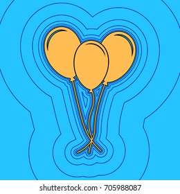 Balloons set sign. Vector. Sand color icon with black contour and equidistant blue contours like field at sky blue background. Like waves on map - island in ocean or sea.