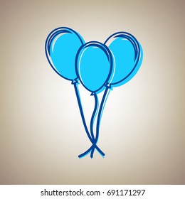 Balloons set sign. Vector. Sky blue icon with defected blue contour on beige background.