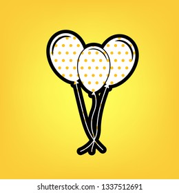Balloons set sign. Vector. Yellow polka dot white icon with black contour at warm yellow background.
