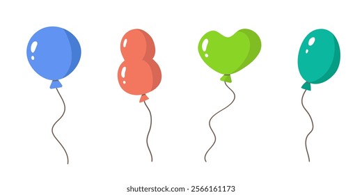 Balloons set with string,decorative air-filled celebration design for party,Birthday party flat decoration,festive symbol,holiday anniversary design.Isolated.Vector illustration.