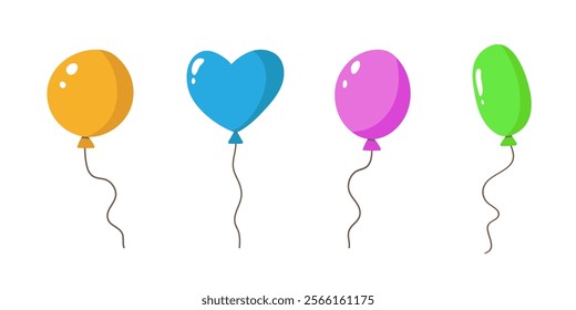 Balloons set with string,decorative air-filled celebration design for party,Birthday party flat decoration,festive symbol,holiday anniversary design.Isolated.Vector illustration.