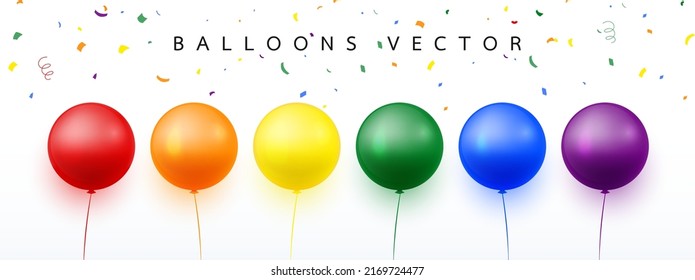 Balloons set vector Red, Orange, Yellow, Green, Blue, and Purple on white background. Balloon elements for celebration festive. Vector illustration.