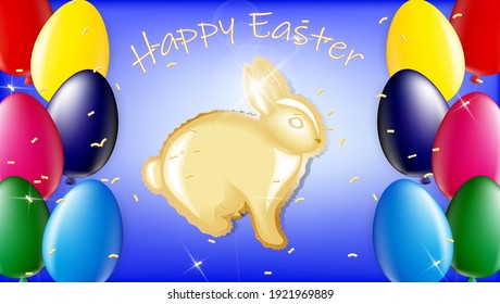 Balloons in the shape of an Easter bunny and colorful eggs on a blue background. Easter poster and banner template. Realistic 3D vector illustration. Trendy design for greeting card or invitation