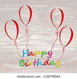 Balloons in the shape of heart bandaged with ribbon and bow hold the word Happ Birthday. For the holiday and party. Red inflatable balls. Invitation and holiday card. Vector on wooden background.