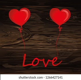 Balloons in the shape of heart bandaged with ribbon and bow hold the word love. For the holiday and valentine's day and party. Red inflatable balls. Invitation. Vector on wooden background.