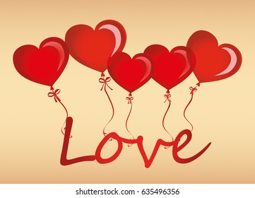 Balloons in the shape of heart bandaged with ribbon and bow hold the word love. For the holiday and valentine's day. Red inflatable balls. Invitation and holiday card. Free space for text . Vector