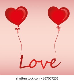 Balloons in the shape of heart bandaged with ribbon and bow hold the word love. For the holiday and valentine's day. Red inflatable balls. Invitation and holiday card. Free space for text . Vector