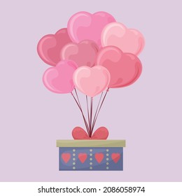 Balloons in the shape of a heart. Cute bright vector illustration for Valentine's Day with the image of balloons in the shape of hearts, pink with a gift attached to it. Balls with a bow. Vector