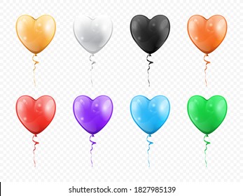 Balloons in shape of heart isolated set. Vector golden, black white, red purple, green blue heart-shape helium balloons. Valentines day and love holidays decoration, birthday and anniversary decor