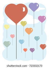Balloons in the shape of hearts floating in a blue sky