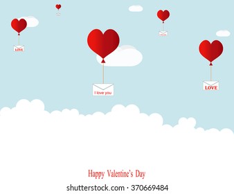 Balloons in the shape of hearts are flying among the clouds, delivering love letters.