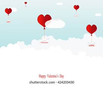 Balloons in the shape of hearts are flying among the clouds, delivering love letters.