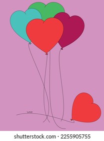 Ballons in Form von Herzen, einfache Illustration, Ballons in Rot, Violett, Grün und Blau