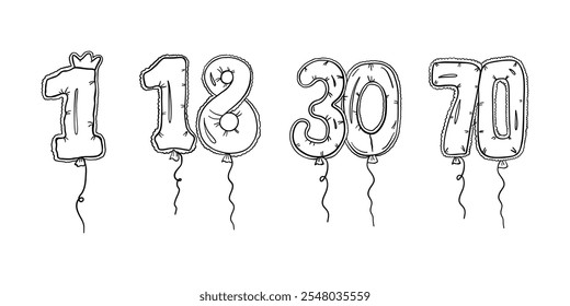 Balloons In Shape Of Numbers 1, 18, 30, 70 In Outline Style