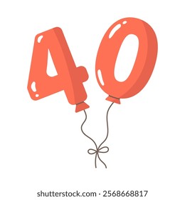 Balloons shaped as number forty with string.Birthday party flat decoration,celebration festive symbol,numeric holiday design.Isolated.Vector illustration.