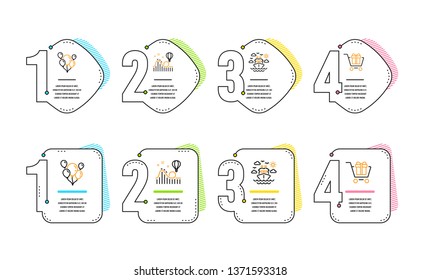 Balloons, Ship travel and Roller coaster icons simple set. Shopping cart sign. Air balloons, Cruise transport, Attraction park. Gift box. Holidays set. Infographic timeline. Line balloons icon