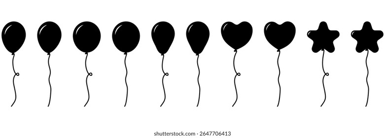 Balloons silhouettes set. Collection of different balloon shapes. Birthday gift concept. Vector illustration isolated on white.