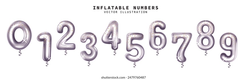 Balloons silver number vector set design. Inflatable balloon numbers collection isolated in white background for birthday celebration elements decoration. Vector illustration inflatable set.