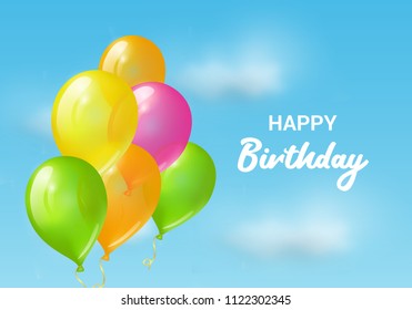 Balloons in the sky. Vector happy birthday greeting card