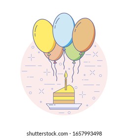 Balloons with a slice of cake icon. Illustration for a greeting card. Vector linear color illustration.