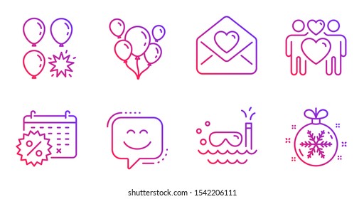 Balloons, Smile face and Balloon dart line icons set. Calendar discounts, Scuba diving and Love letter signs. Love couple, Christmas ball symbols. Air balloons, Chat. Holidays set. Vector