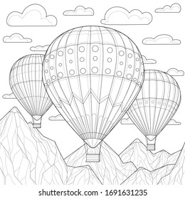 Balloons soar among the clouds and mountains.Coloring book antistress for children and adults. Zen-tangle style.Black and white drawing