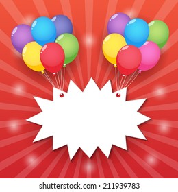 balloons, starburst speech bubble on red background. vector.
