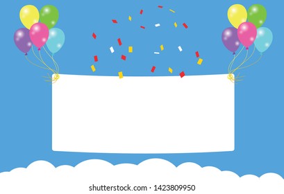 Balloons tied blank label on sky with cloud abstract blue sky background  EPS 10 vector and illustration. 