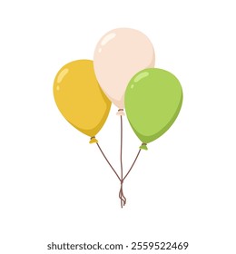 Balloons tied in bunch. Festive air baloons on string, holiday decoration for party celebration. Helium ballons decor flying, soaring up. Flat vector illustration isolated on white background