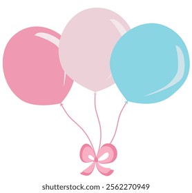 balloons tied together with a pink ribbon. The balloons are pink, light pink, and blue. A pink ribbon bow holds the strings of the balloons together suitable for celebrations or festive occasions.