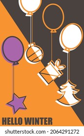 balloons with toys. Winter time print template, background pattern on the theme of winter for flyers, cards, brochures, posters. background for your social networks. Flat vector design