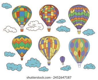 Balloons travel sky transport graphics hand drawn coloring clouds nature dreams lightness on a white background set