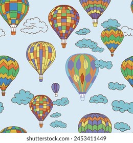 Balloons travel sky transport graphics hand drawn coloring clouds nature dreams lightness on a white background set