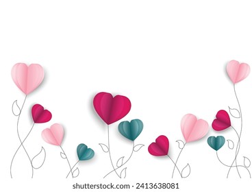 Balloons trees on white background.Heart shaped balloons icon.Valentines day, Paper art style of valentine's day, vector love elements background.
