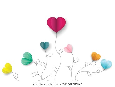 Balloons trees on white background.Heart shaped balloons icon.Valentines day, Paper art style of valentine's day, vector love elements background.