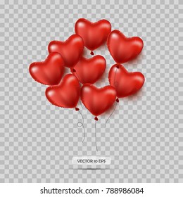 Balloons. Valentine`s day background with red hearts balloons. Flying realistic glossy red balloons Vector illustration.