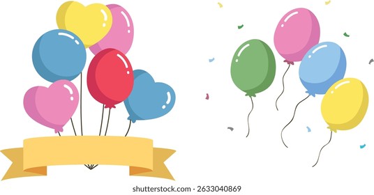 balloons in various colors pink, blue, red, yellow tied together by a golden ribbon banner at the bottom. And individual balloons with Small confetti elements