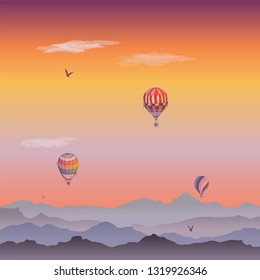 Balloons vector card. Some differently colored striped air balloons flying in the clouded evening sky. Patterns of clouds and birds soaring in the sky. Travel and vacation. 