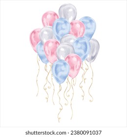 Balloons Vector illustration. Hand drawn graphic clip art of baloon on white isolated background. Watercolor drawing of blue and pink birthday ballon. For baby happy birthday decoration