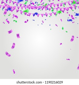 Balloons Vector Illustration. Isolated on white background transparent realistic hanging sparkling serpentine and star shaped confetti