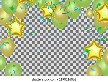 Balloons Vector Illustration. Isolated on white background transparent realistic hanging sparkling serpentine and star shaped confetti