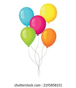 Ilustración vectorial de globos aislada en fondo blanco. Globo de aire caliente rosa, naranja, amarillo, verde, azul en estilo plano. Bouquet de globos para vacaciones, fiestas