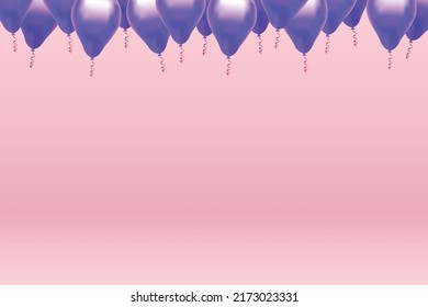 Balloons. Vector illustration in realistic style. Purple floating helium balloons on pink backdrop