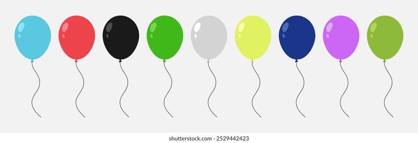 Ilustração do vetor de balões, conjunto de balões em estilo cartoon. Bando de balões, Festa de aniversário , Balão voador com corda, Balão clipart , balão em multicolor isolado. Feliz aniversário, Ballon.